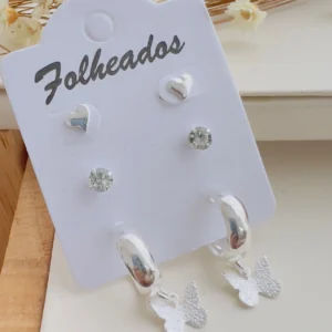 Cartela Folheada a Prata Coração Borboleta - 113