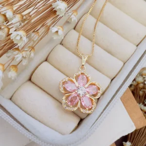 Colar Folheada a Ouro Micro Zircônia Flor Rosa - 409