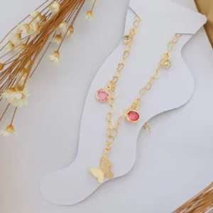 Tornozeleira Folheado a Ouro Strass Borboleta Rosa - 904